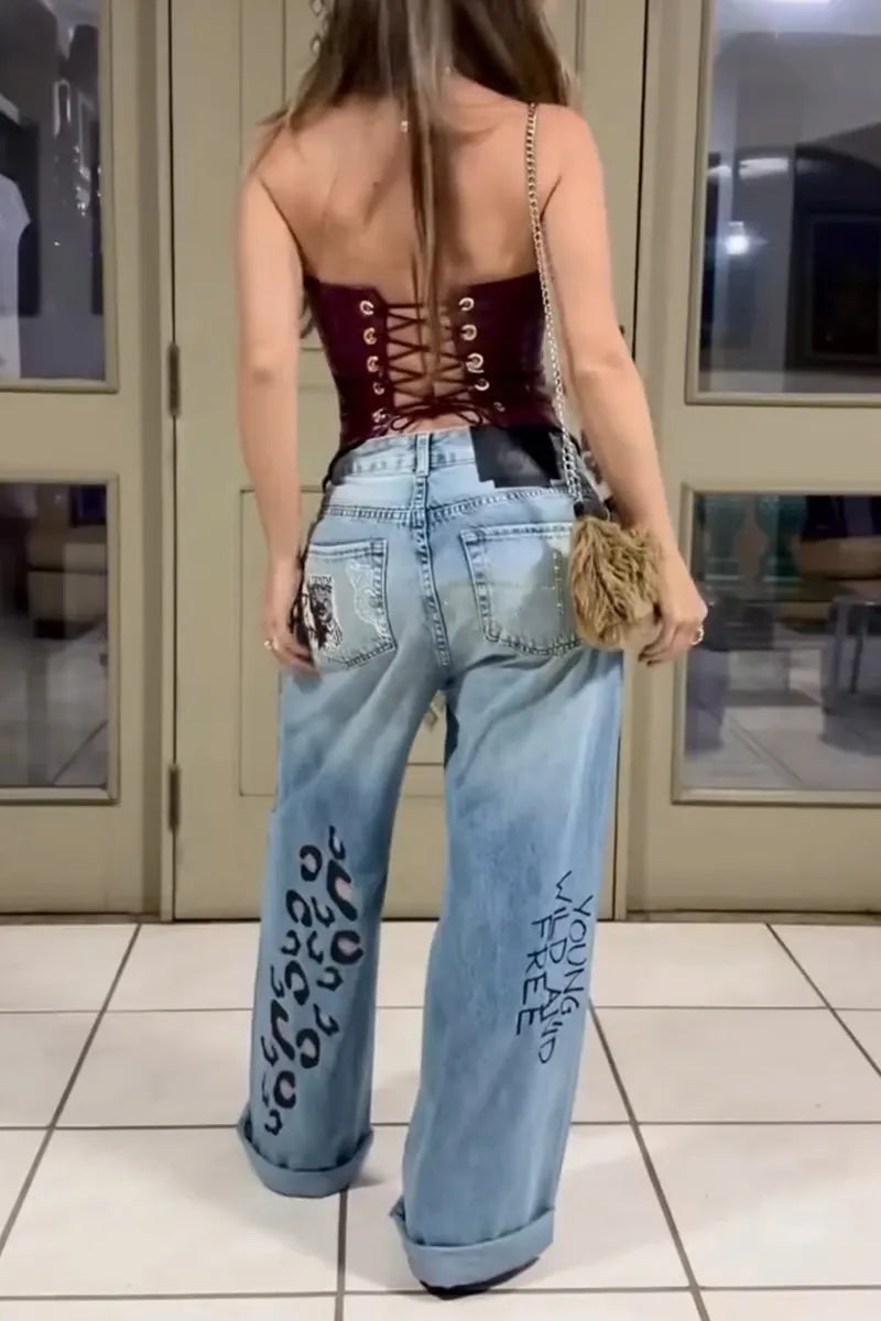 Women's Casual Pattern Print Rhinestone Trim Jeans