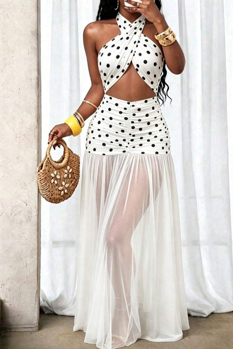 Women's Neck Hanging Polka Dot Printed Patchwork Mesh Vacation Casual Style Dress