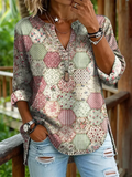 Women's Vintage Floral Print Casual V-neck Washed Cotton Denim Shirt