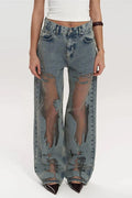 Women's Distressed Jeans With Sheer Cut Out Detail