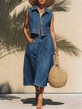 Women's Casual Vacation Lapel Sleeveless Top And Skirt Denim Set