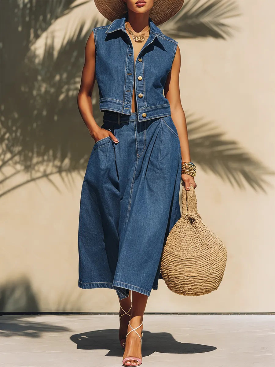 Women's Casual Vacation Lapel Sleeveless Top And Skirt Denim Set