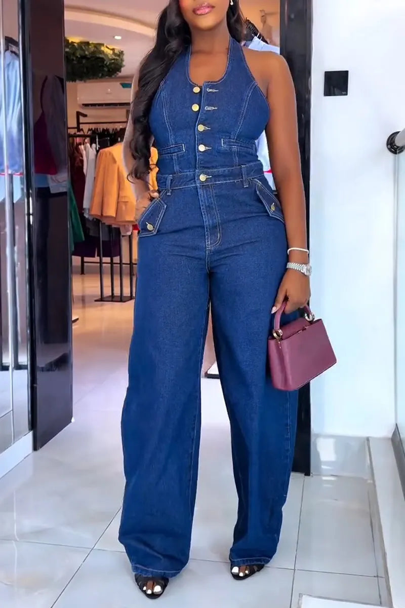 Women's Casual Summer Halter Button Front Backless Denim Jumpsuit
