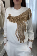 Women's Casual Round Neck Nail Bead Sequin Pattern Top or Pants