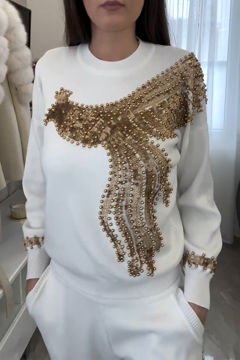 Women's Casual Round Neck Nail Bead Sequin Pattern Top or Pants
