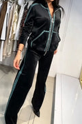 Women's Collar Velvet Rhinestone Jacket+ Pants Casual Set