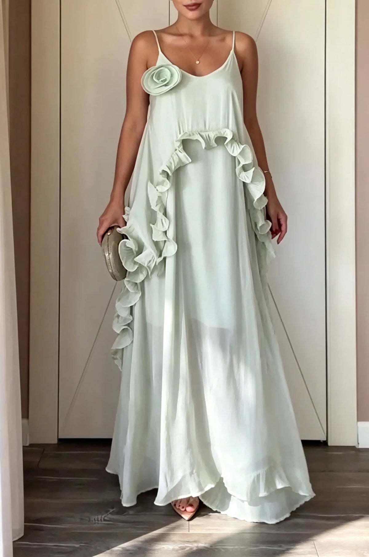 Women's Casual Loose Ruffle 3D Flower Decoration Maxi Dress