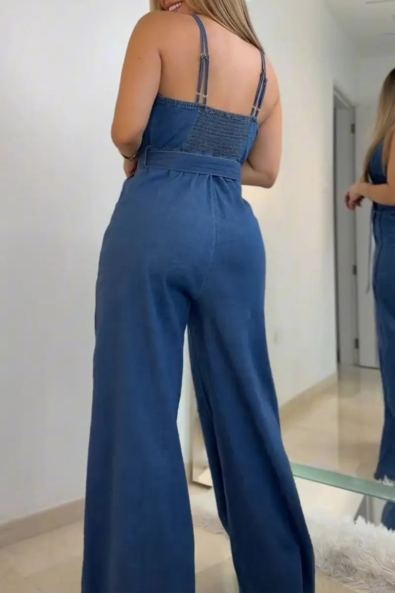 Women's Casual Cami Denim Jumpsuit with Belt
