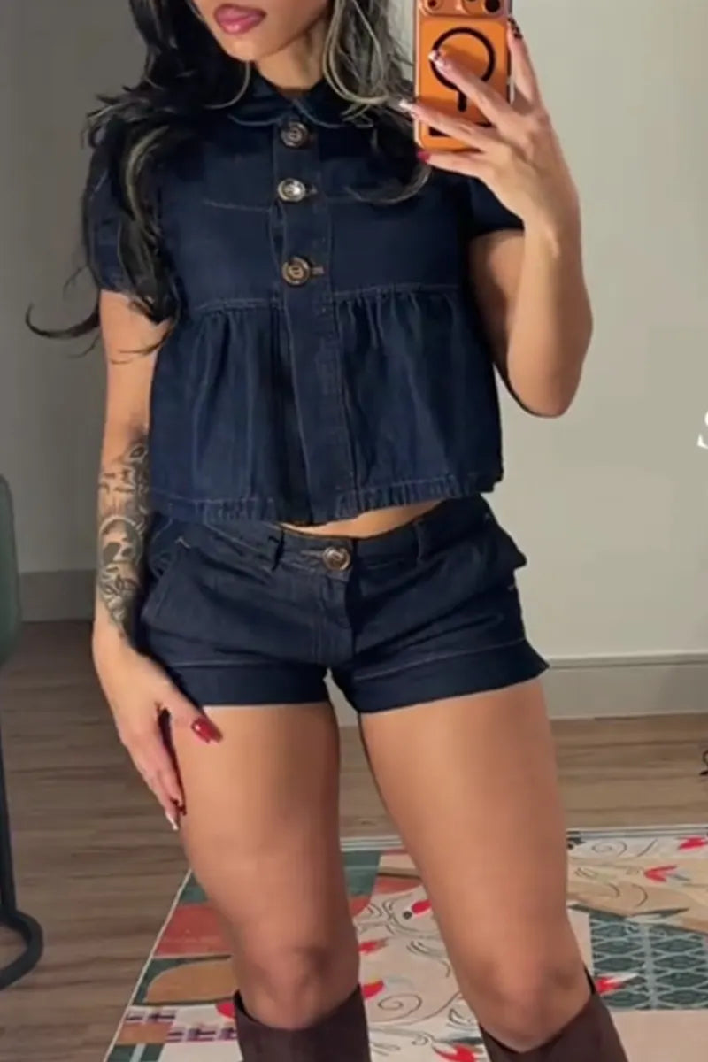 Women's Casual Button Front Denim Top With Puff Sleeves Or Denim Shorts
