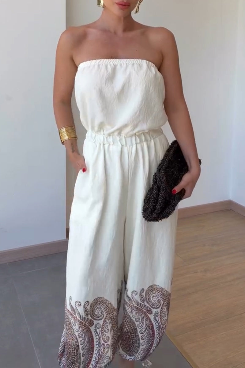 Women's Casual Strapless Elastic Cuff Pattern Print Jumpsuit