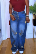Women Patchwork Washed Casual Wide Leg Jeans