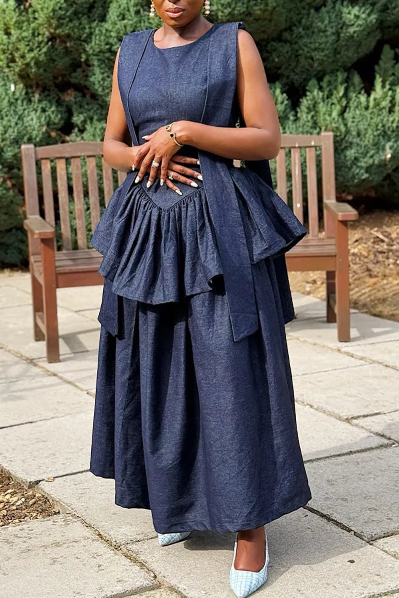 Women's Casual Double Layer Flounce Hem Denim Dress