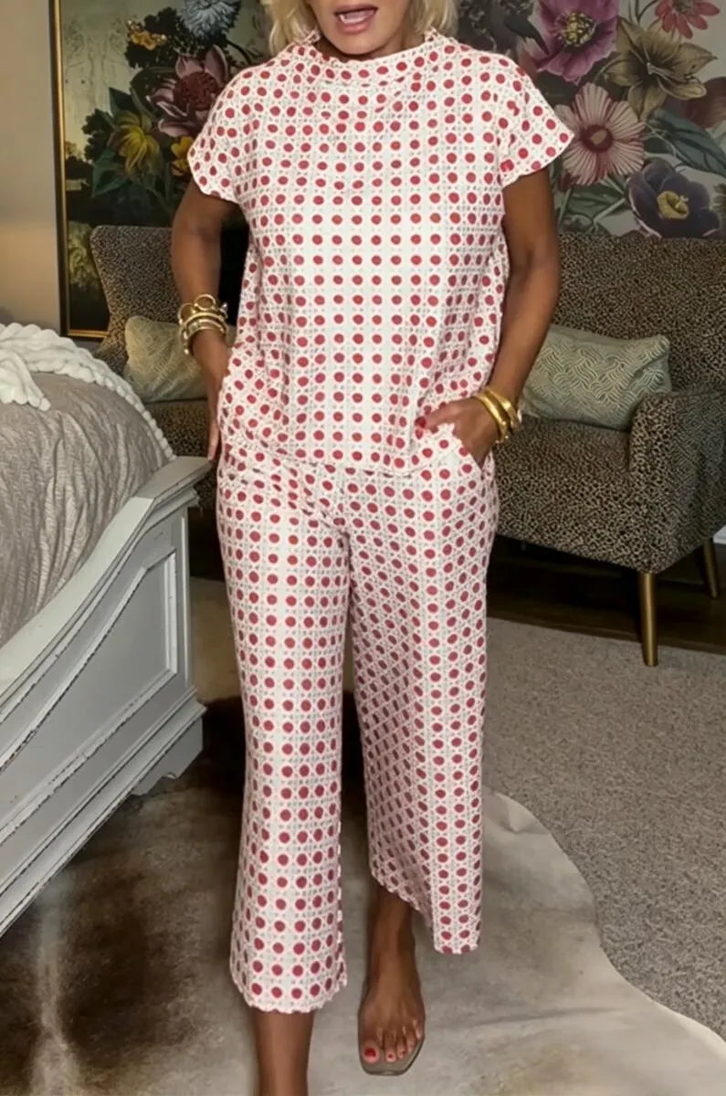 Women's Round Neck Polka Dot Print Casual Suit