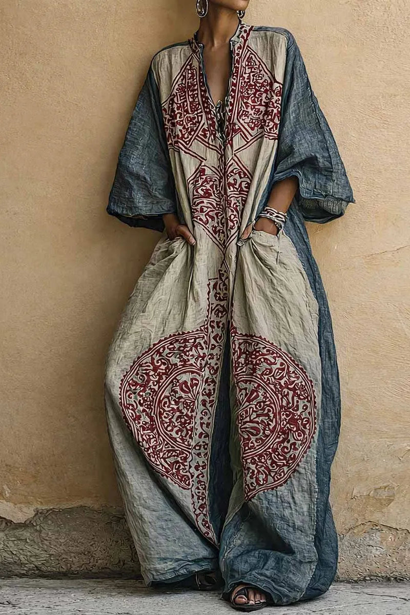 Ladies' Elegant Retro Printed V-Neck 3/4 Sleeve Cotton And Linen Jumpsuit