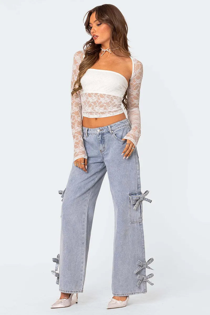 Women's Heavy Wash Ribbon Bow Jeans