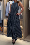 Women's Casual Side Pleated Stripe Maxi Dress