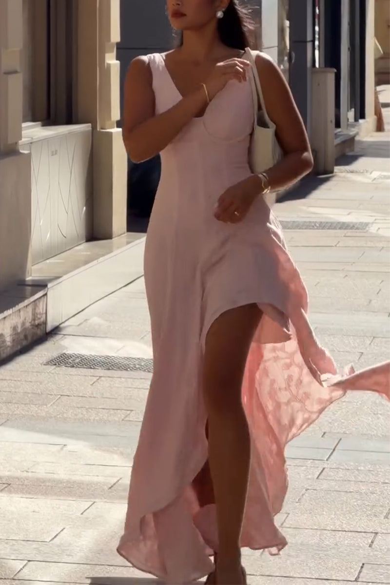 Women's V-neck Sleeveless Waist Cinched Slit Elegant Temperament Dress