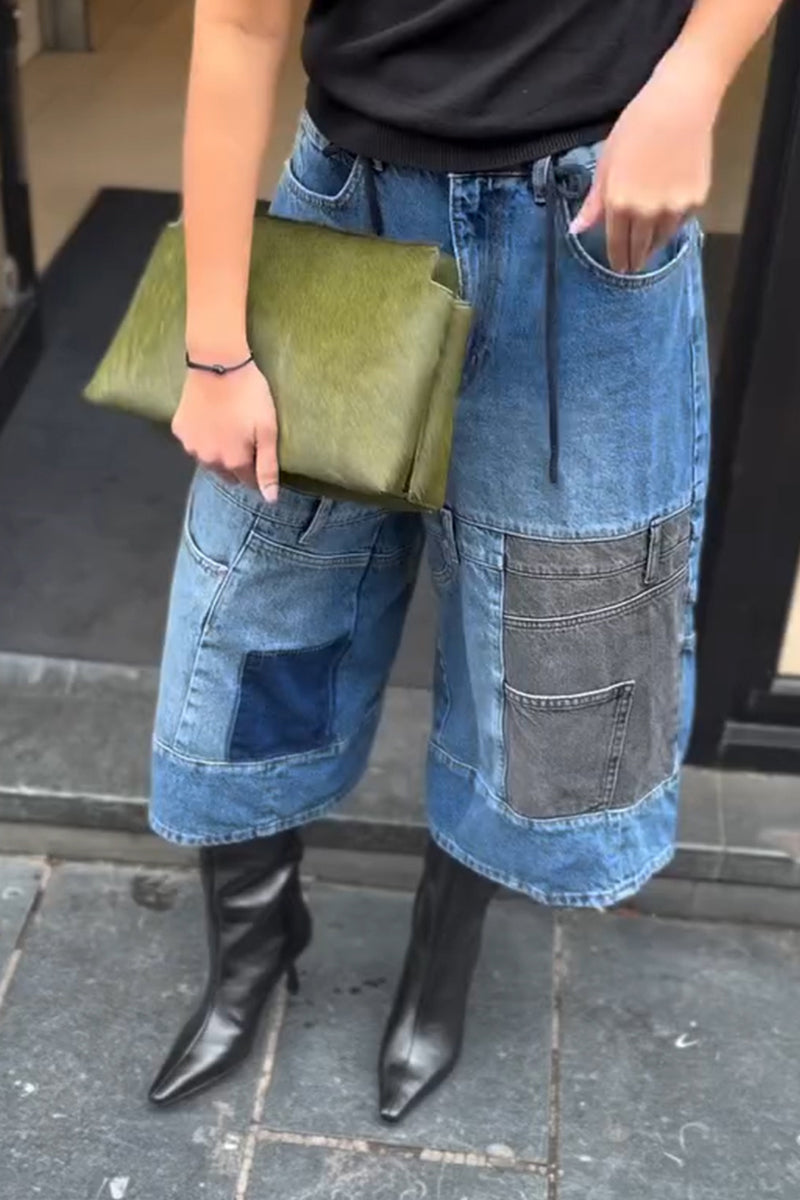 Women's Fashion Contrast Patchwork Wide Leg Cropped Jeans