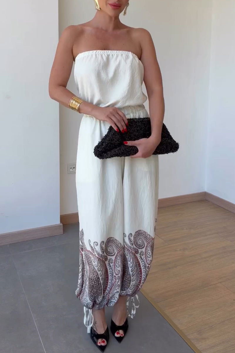 Women's Casual Strapless Elastic Cuff Pattern Print Jumpsuit