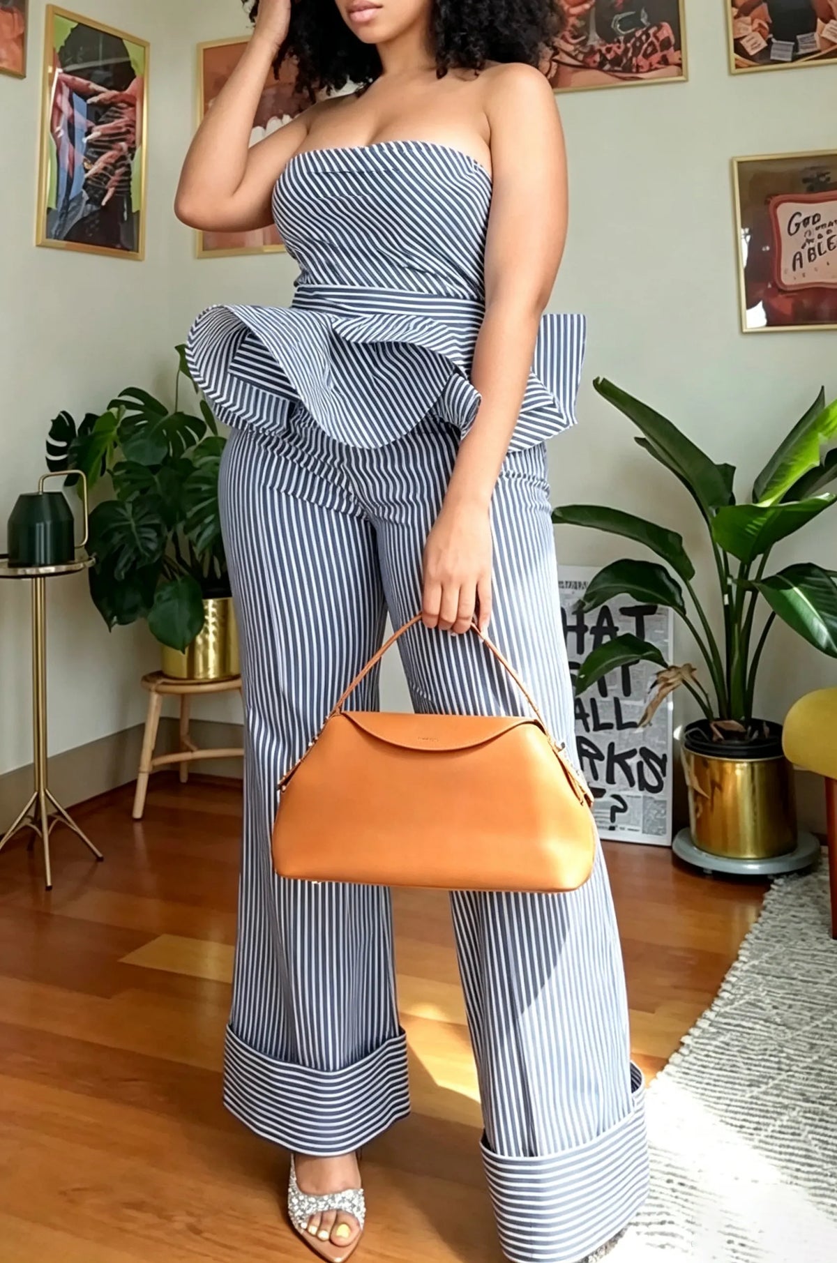 Women's Casual Ruffle Hem Strapless Top Wide Leg Stripe Pants Two-Piece Set