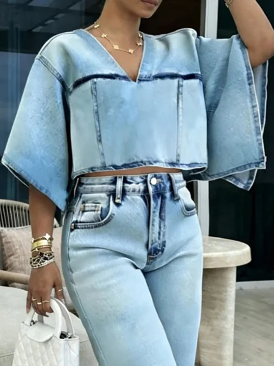 Contrast Color Split-Joint Batwing Sleeves Half Sleeves V-Neck Blouses&Shirts Tops