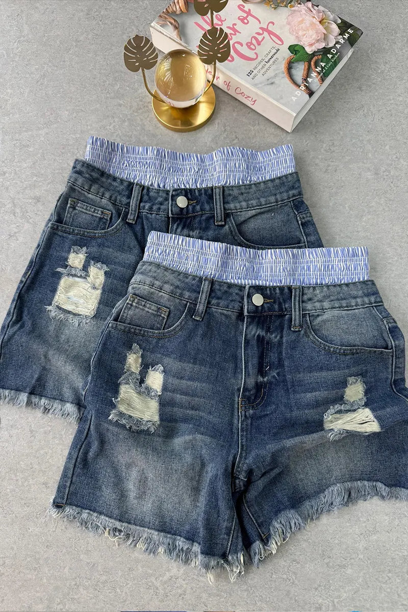 Women's Double Layer Elastic Waist Ripped Frayed Hem Denim Shorts