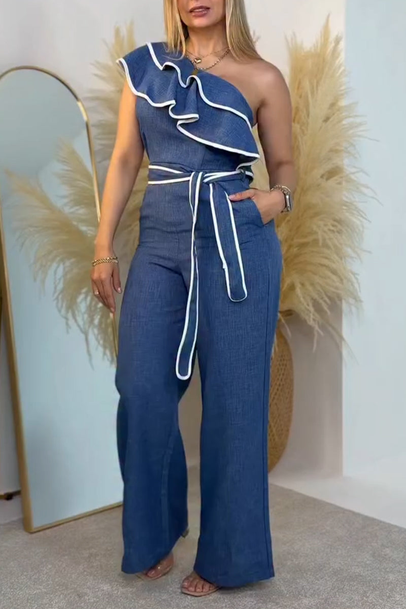 Women's Diagonal Collar Off Shoulder Patchwork Ruffle Edge Elegant Temperament Jumpsuit