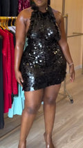 Women Neck Hanging Sequin Back Hollow Sexy Casual Dress