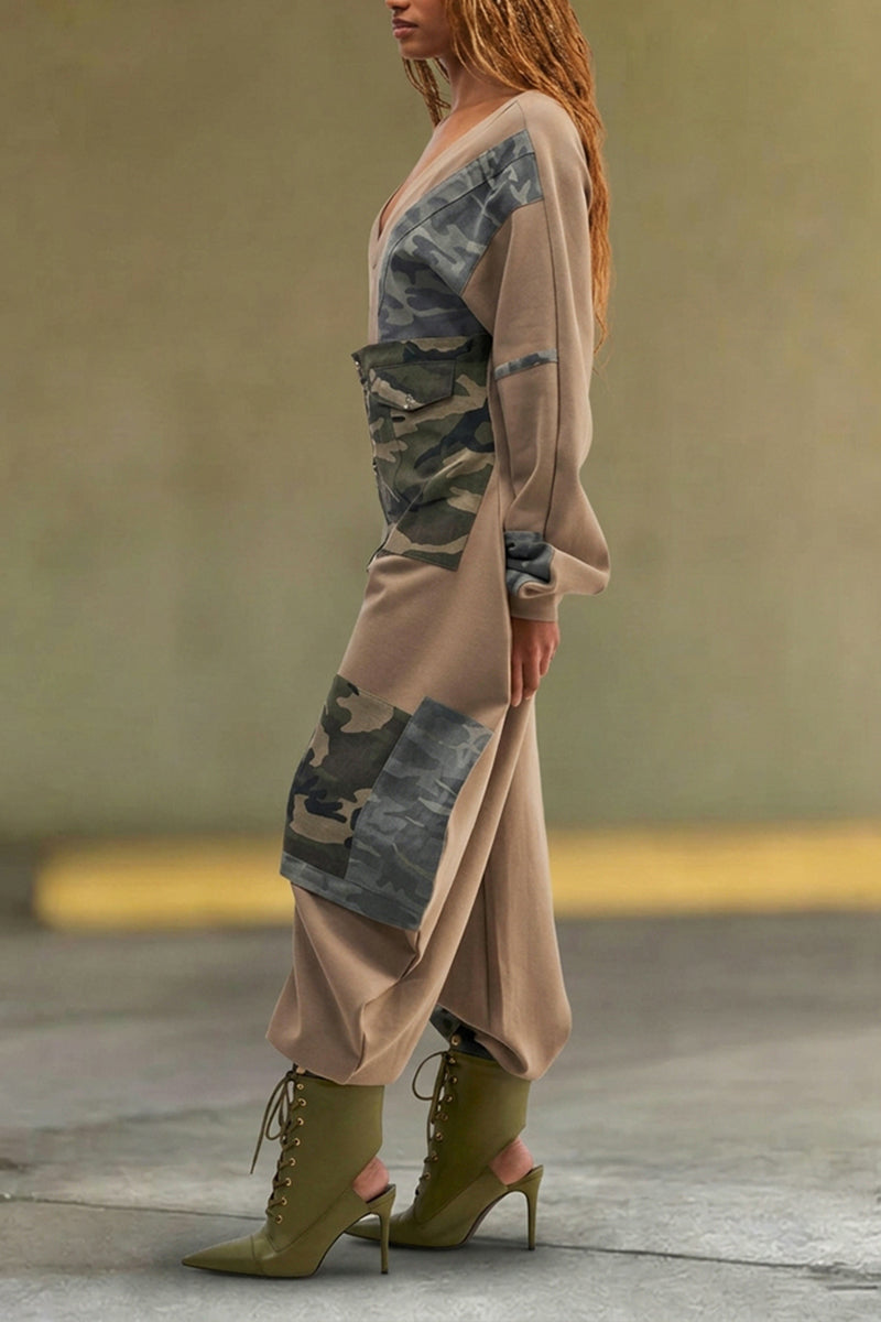 Women's Fashion V-Neck Curved Hem Camo Patchwork Jumpsuit