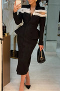 Women's Elegant Color Block Split Joint V Neck Midi Dress