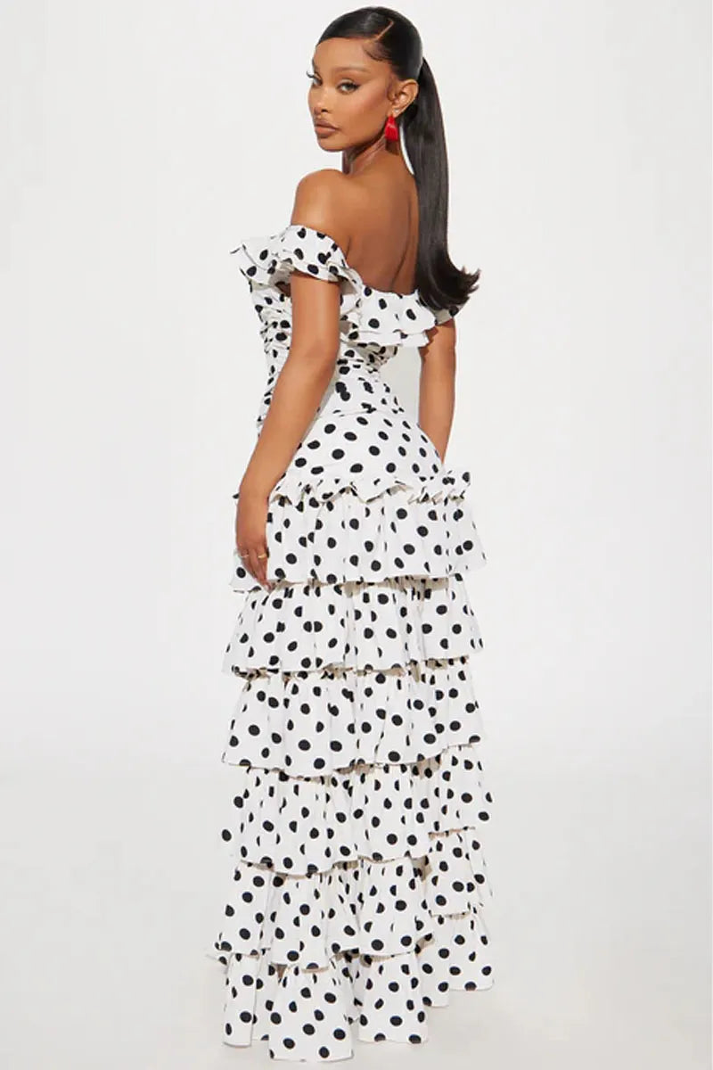 Women Polka Dot Off-Shoulder Ruffle Tiered High-Slit Maxi Dress