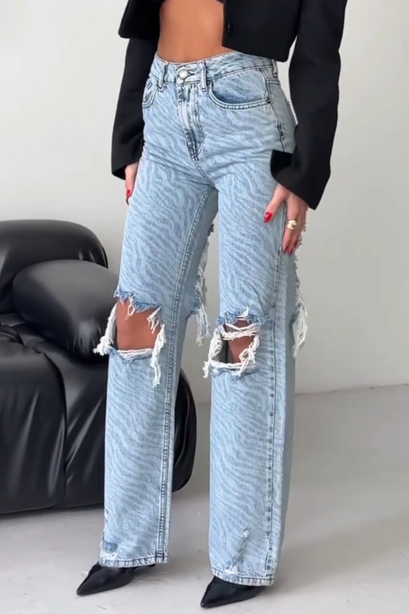 Women's Pattern Printed Ripped Casual Jeans