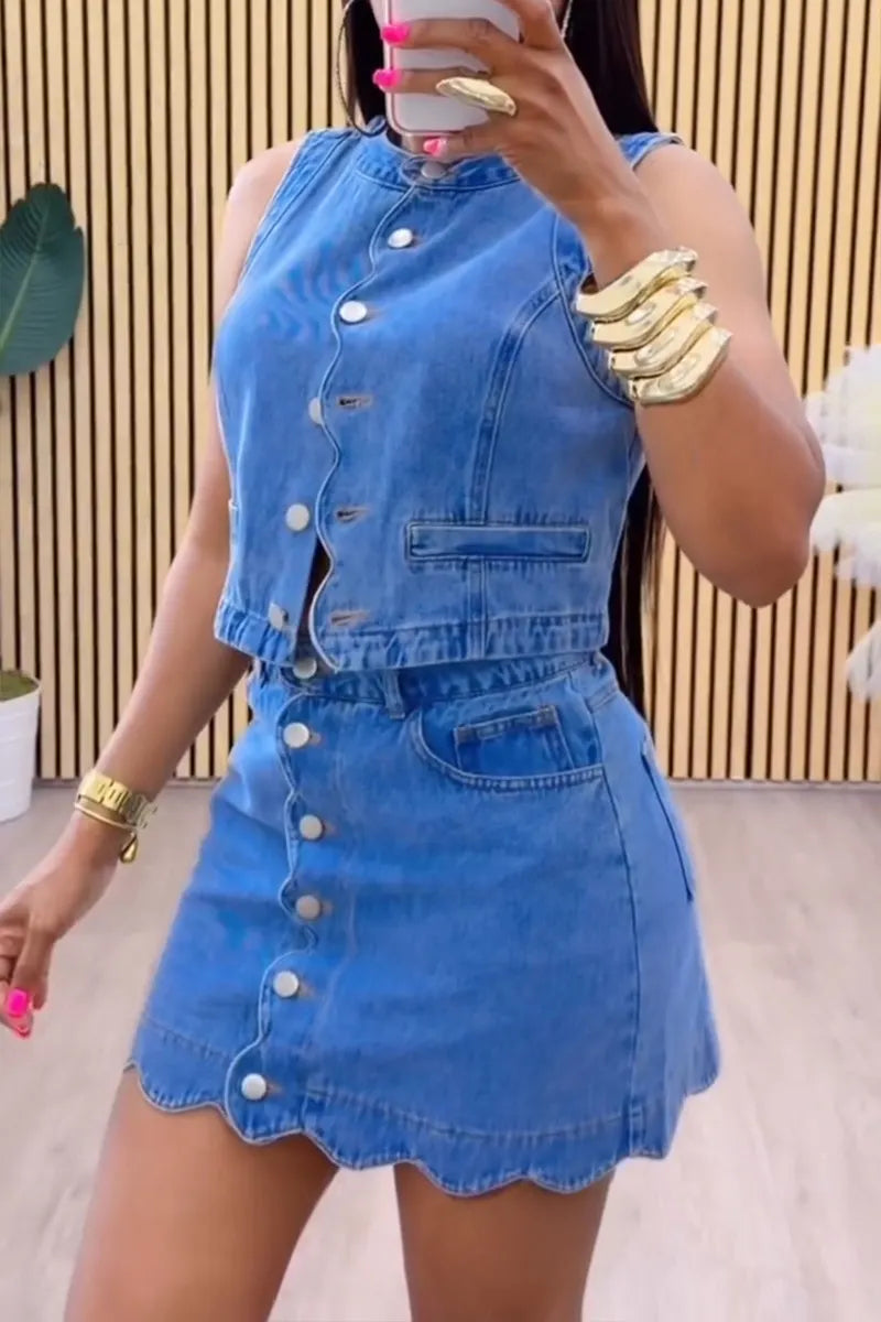 Women's Casual Wave Trim Denim Vest or Skirt