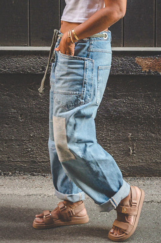 Women's Casual Patchwork Belted Wide Leg Jeans