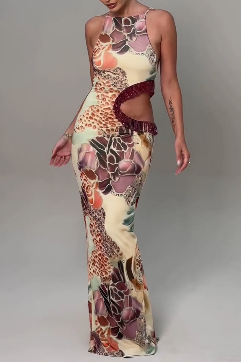 Women's Elegant Printed Waist Hollow Tassel Maxi Dresses