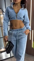 Women Round Neck Nail Drill Jacket+ Pants Casual Denim Suit
