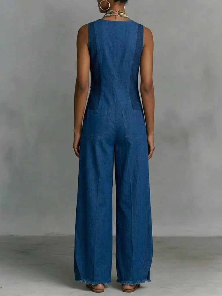 Bohemian-style V-neck Button-front Denim Sleeveless Jumpsuit
