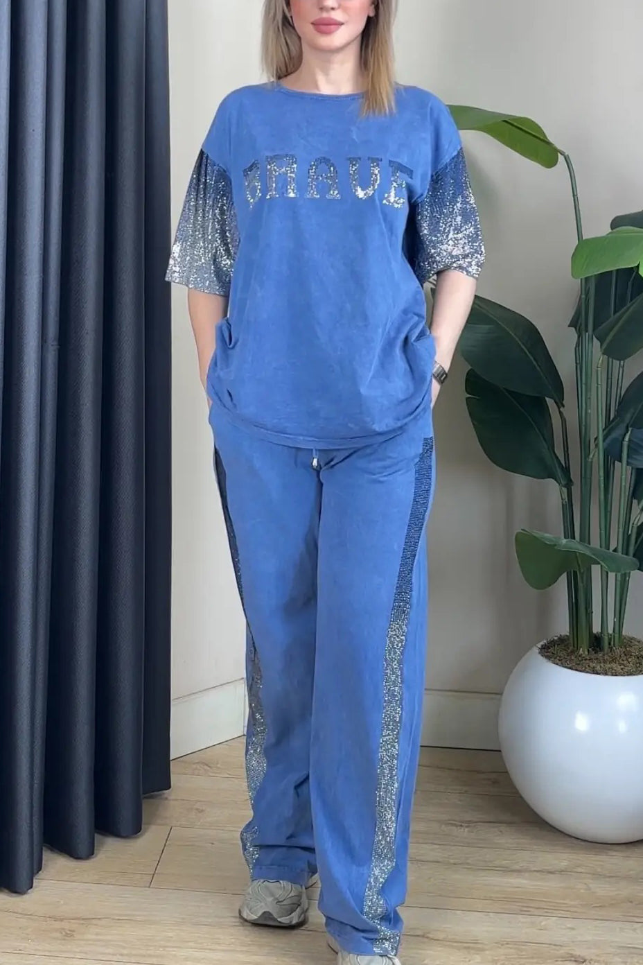 Women's Casual Letter Gradient Rhinestone Knit T-Shirt & Pants