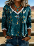 Women's Vintage Floral Print Casual Hollow-Out Denim Shirt