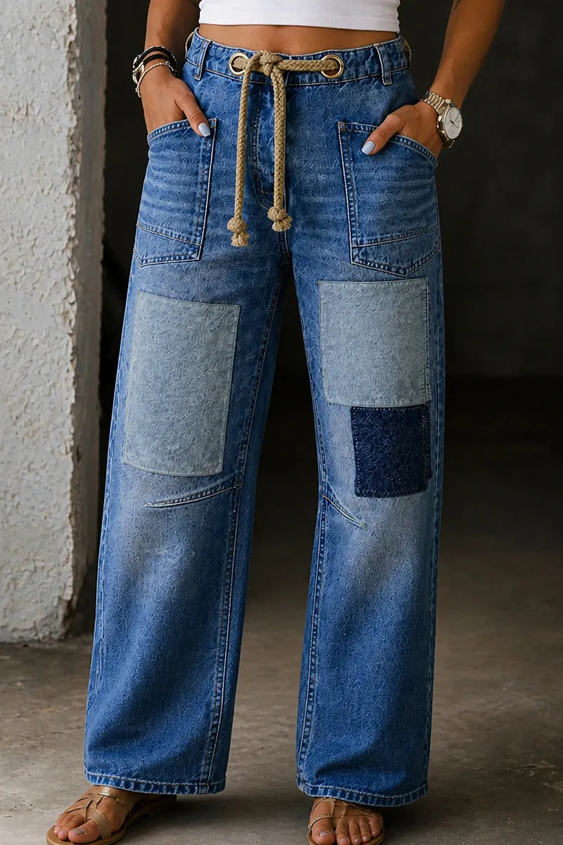Women High Waist Patchwork Straight Jeans with Braided Drawstring