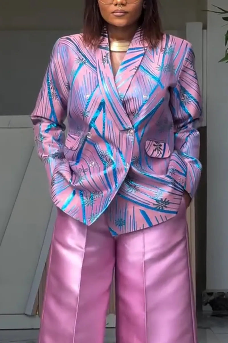 Women's Collar Striped Printed Jacket or Glossy Wide Leg Pants