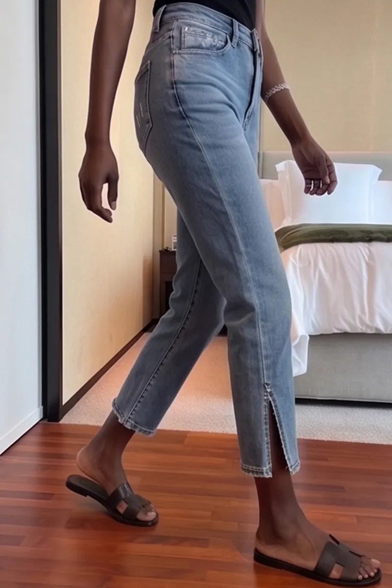 Women's Casual Straight Leg Cropped Jeans With Side Slits