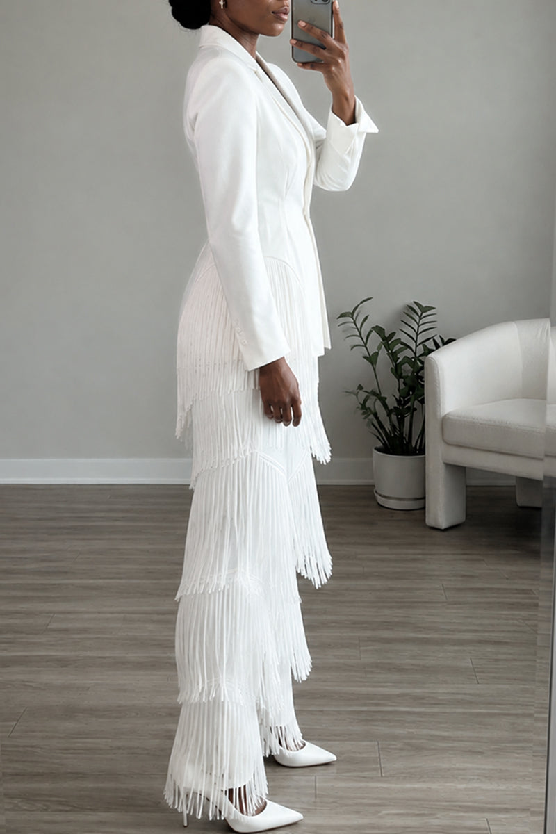 Women's Elegant Notched Lapel Fringe Trim White Blazer or Pants