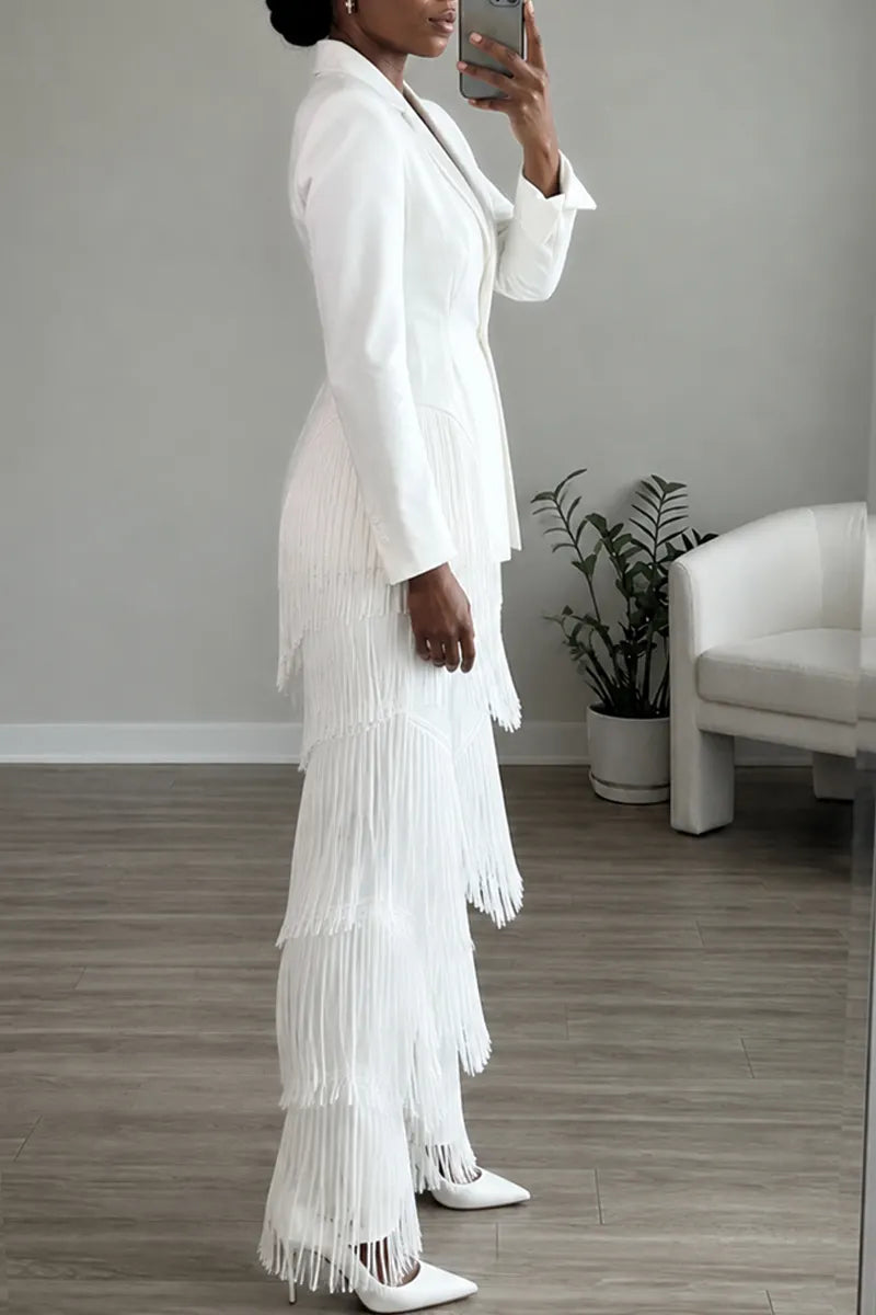 Women's Elegant Notched Lapel Fringe Trim White Blazer or Pants