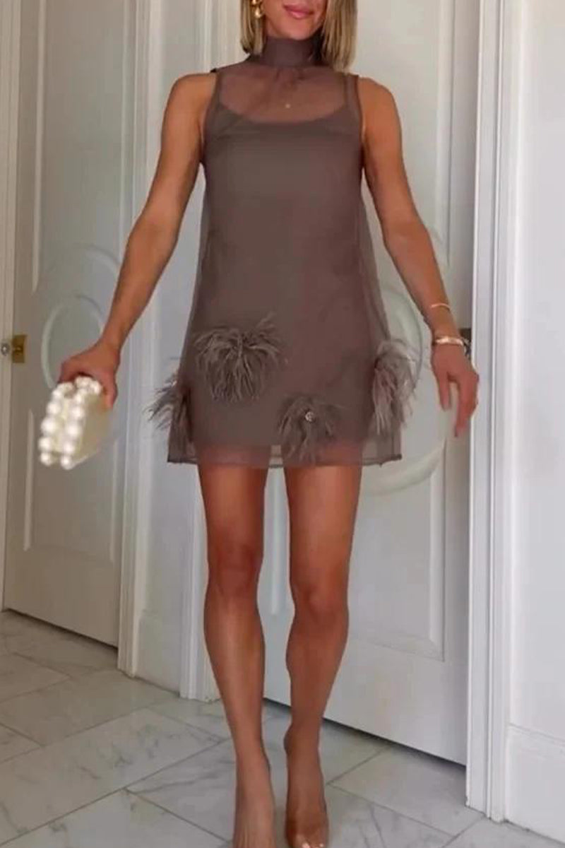 Women's Inner Strap Dress+Perspective Splicing Tassel Dress Elegant and Casual Two Piece Set