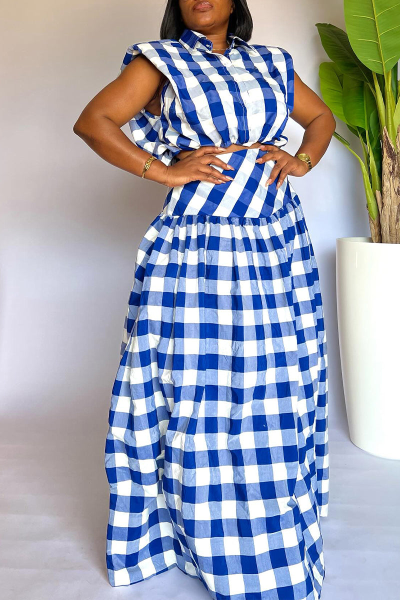 Women's Collar Plaid Top+ Half Skirt Elegant Casual Set