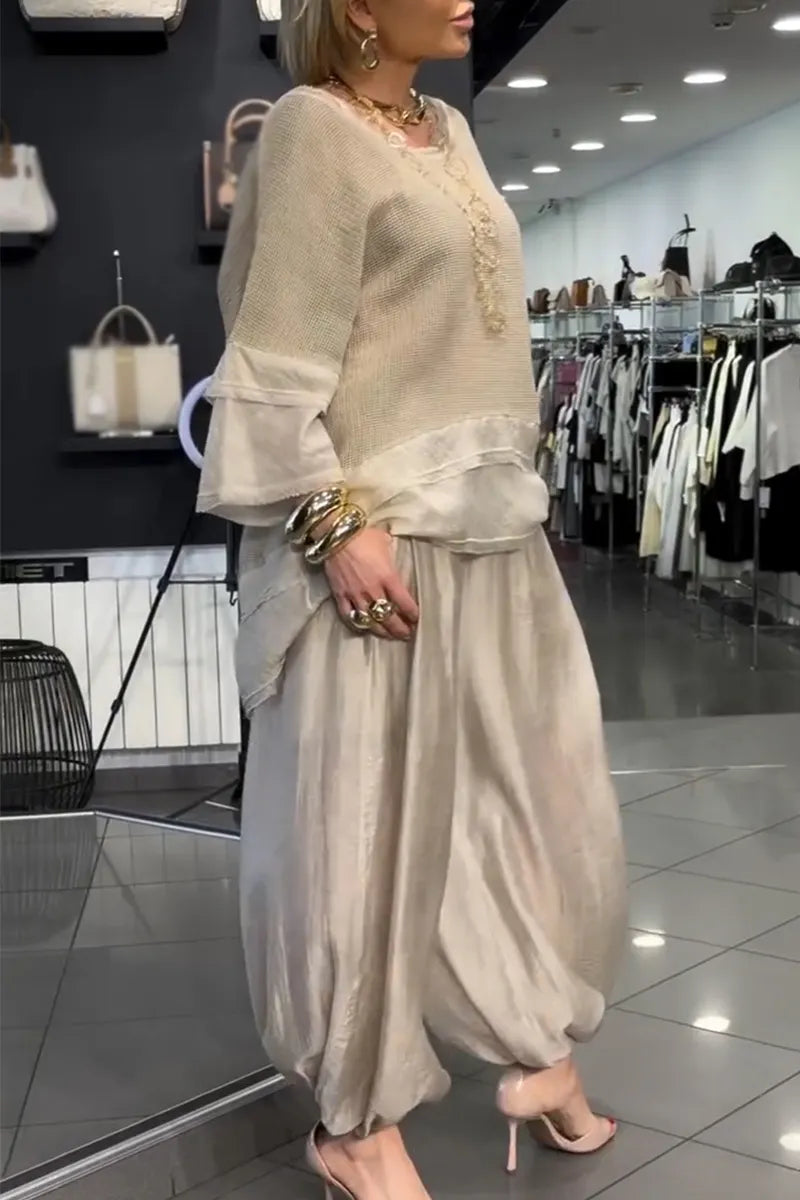 Women Round Neck Patchwork Top+ Lantern Pants Loose Casual Suit