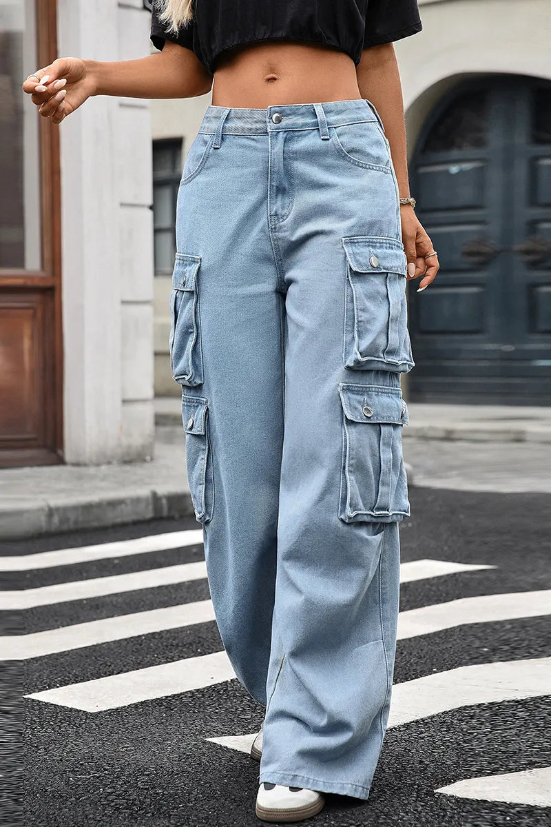 Women's High Rise Cargo Wide Leg Jeans