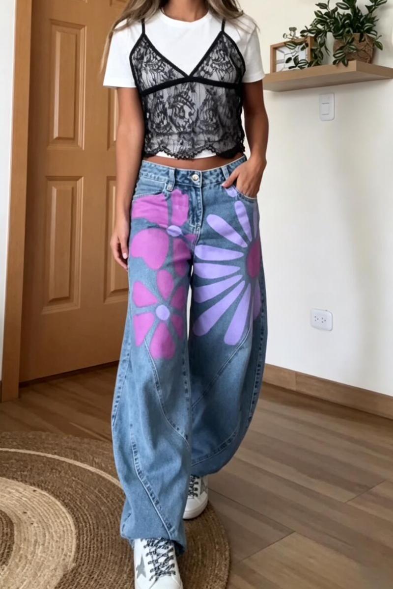 Women's Printed Casual Wide Leg Jeans