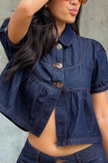 Women's Casual Button Front Denim Top With Puff Sleeves Or Denim Shorts